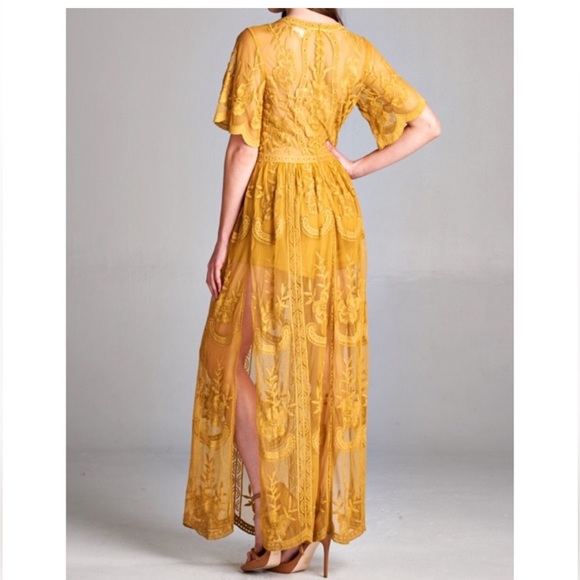 Honey Punch Yellow Lace Boho Romper / Maxi Dress, Size Small, EUC - Picture 12 of 17